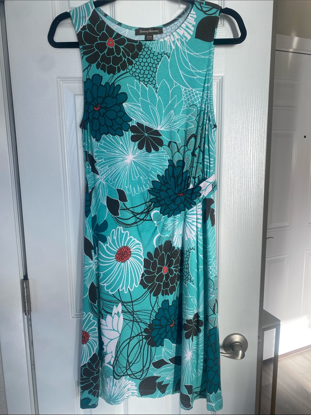 Tommy Bahama Teal and Black Floral Tank Dress With Ruching Waistline Sz M - Picture 2 of 13